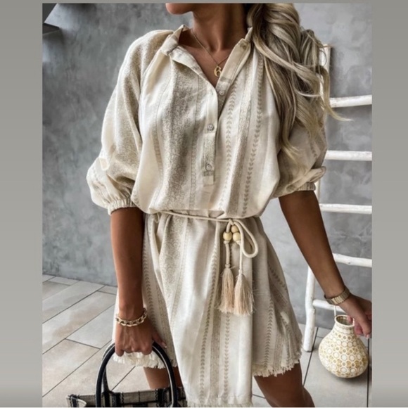 Boutique Dresses & Skirts - Bohemian Print Dress with Fringe and rope belt Size Medium